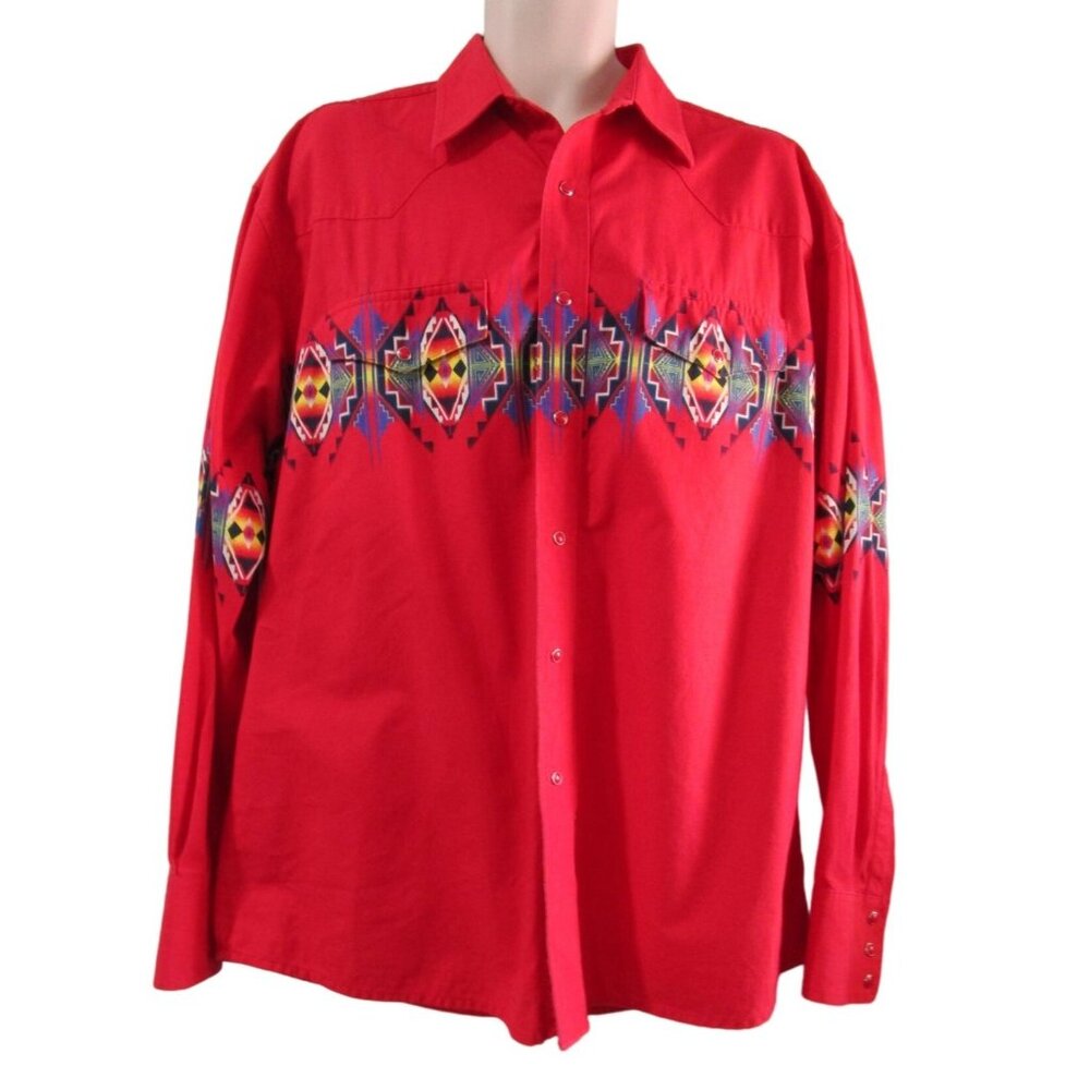 Wrangler Mens Western Red Pearl Snap Retro Southwest Cowboy Rodeo Shirt GUC XL